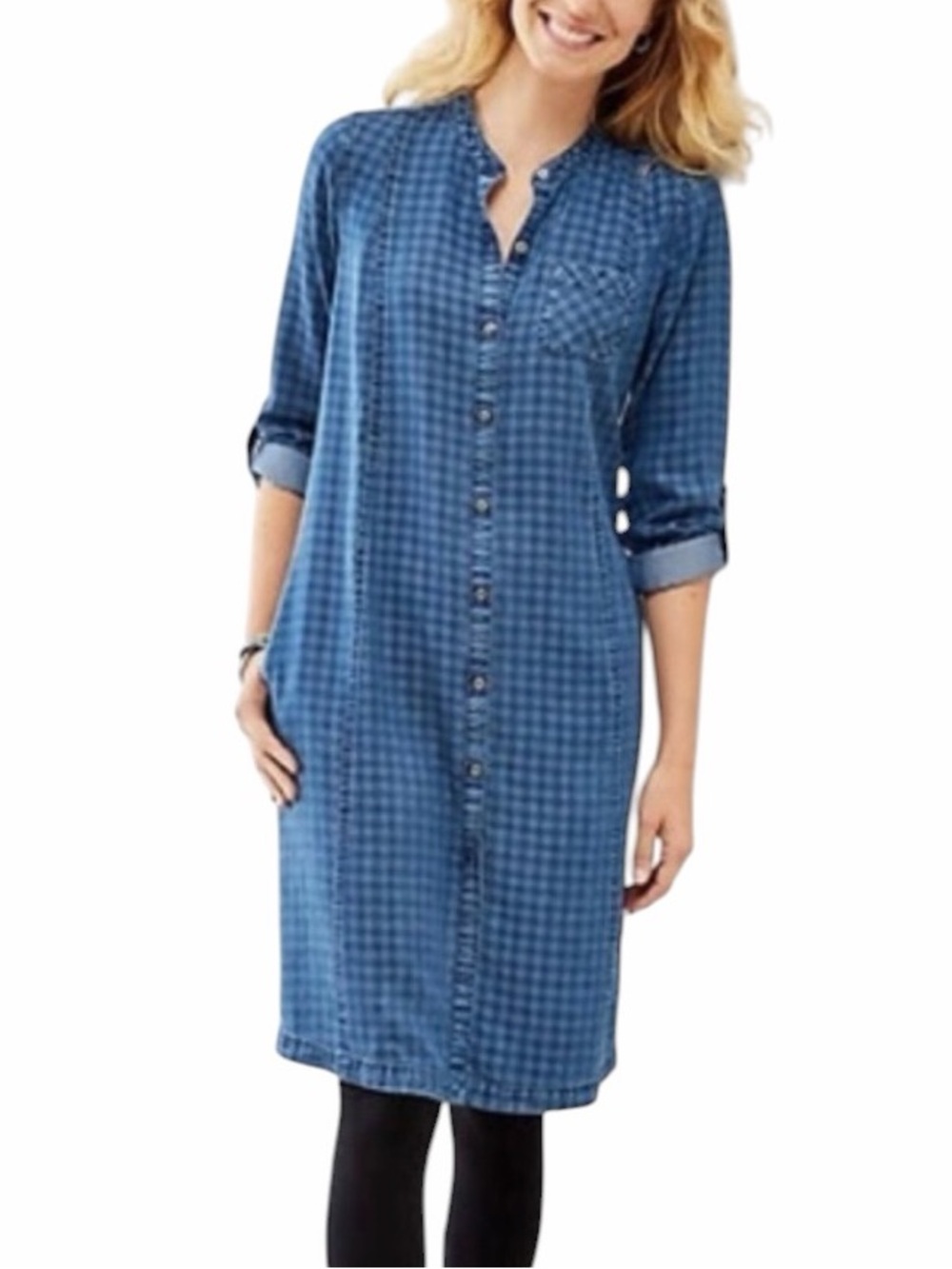 J.Jill Denim Lyocell Gingham Shirt Dress Petite Small Blue Button Front